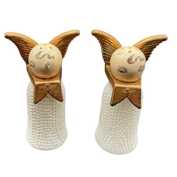 Vintage Angel Salt & Pepper Shaker Set With Brass Wings & Ceramic Texture Design - Picture 1 of 6